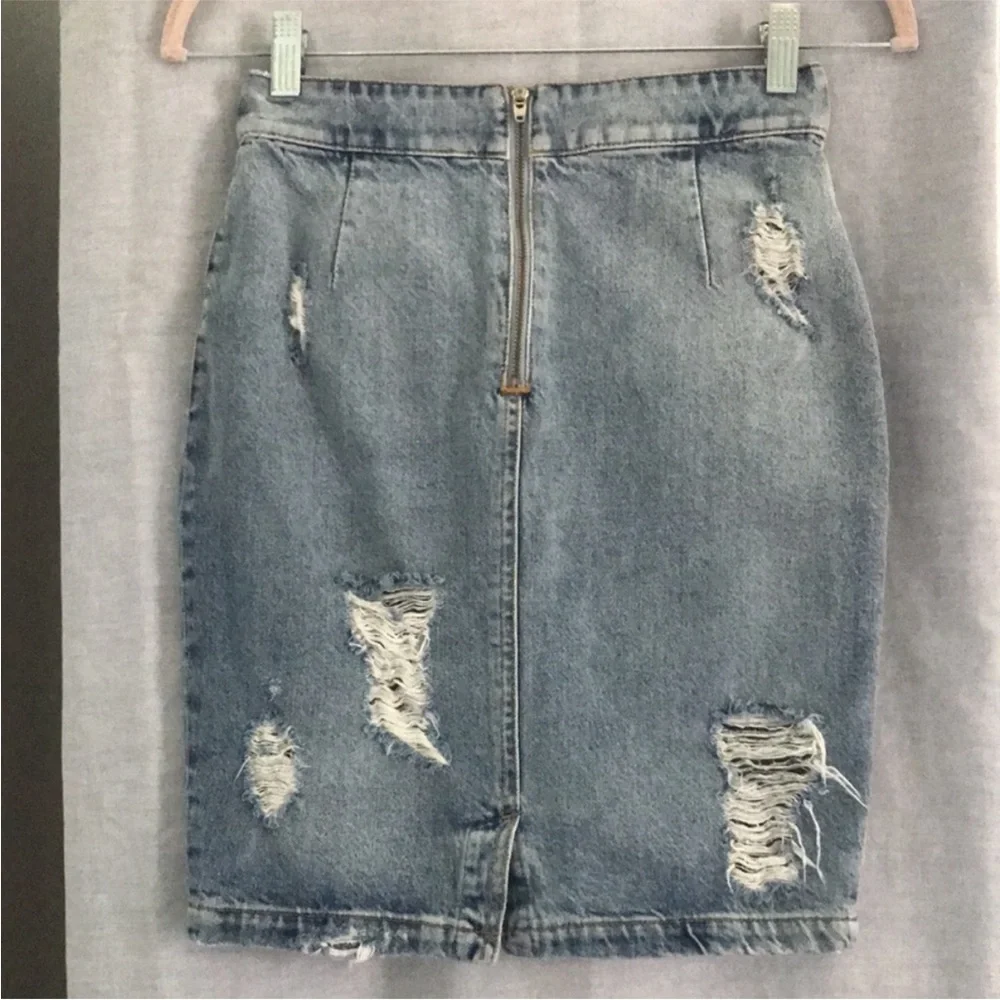 IRO distressed ripped denim jean pencil skirt